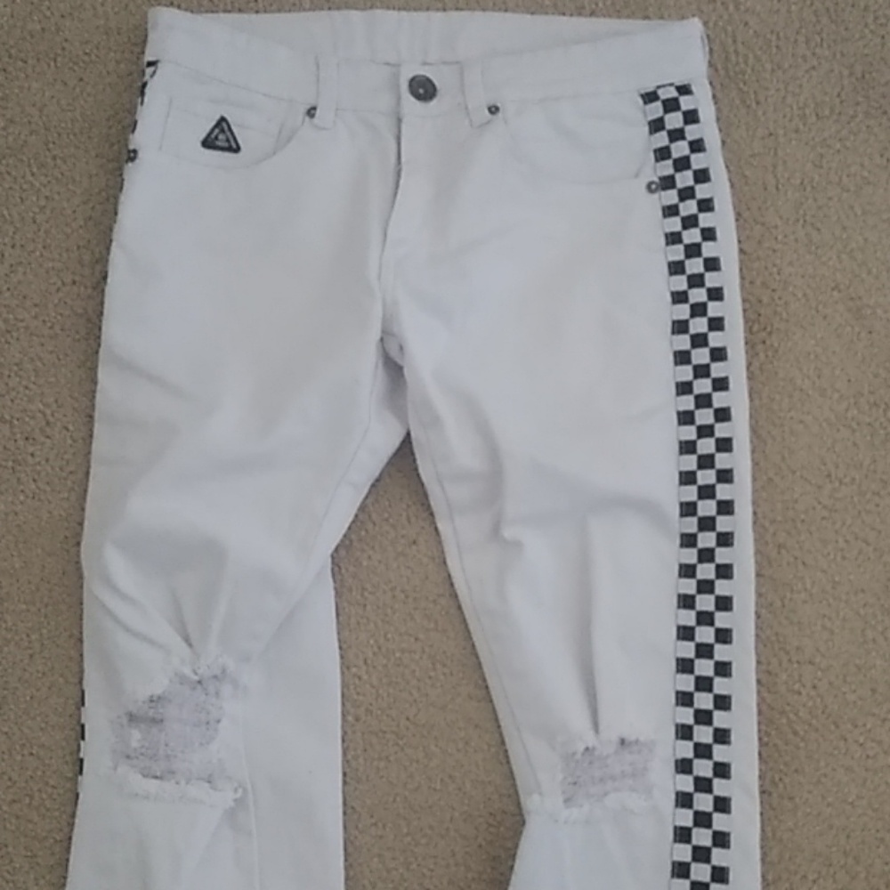 White ripped checker piped jeans